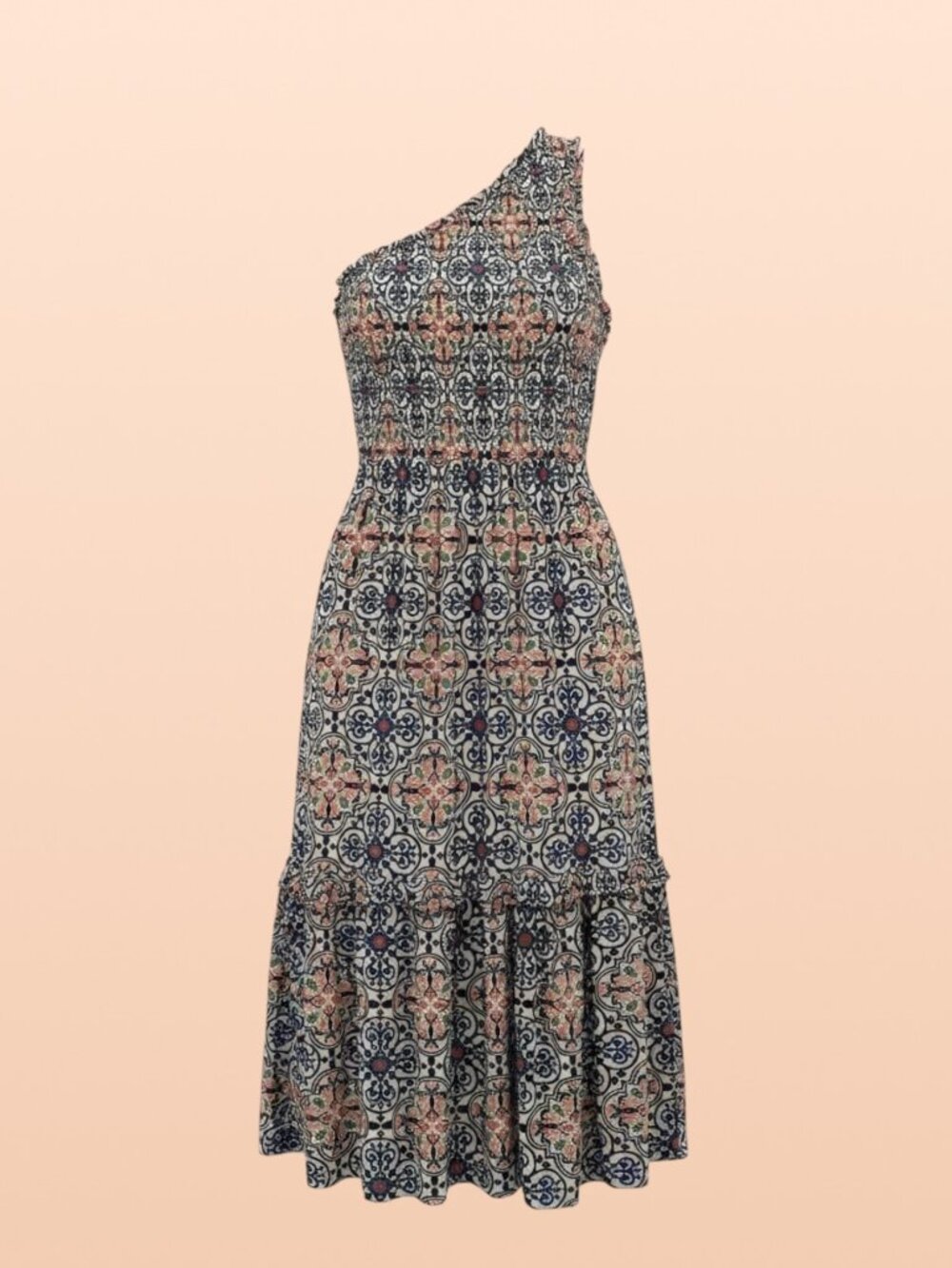 Knox Rose Boho One Shoulder Rayon Medallion Print Midi Dress XS